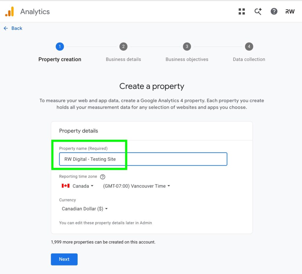 GA4 New Property